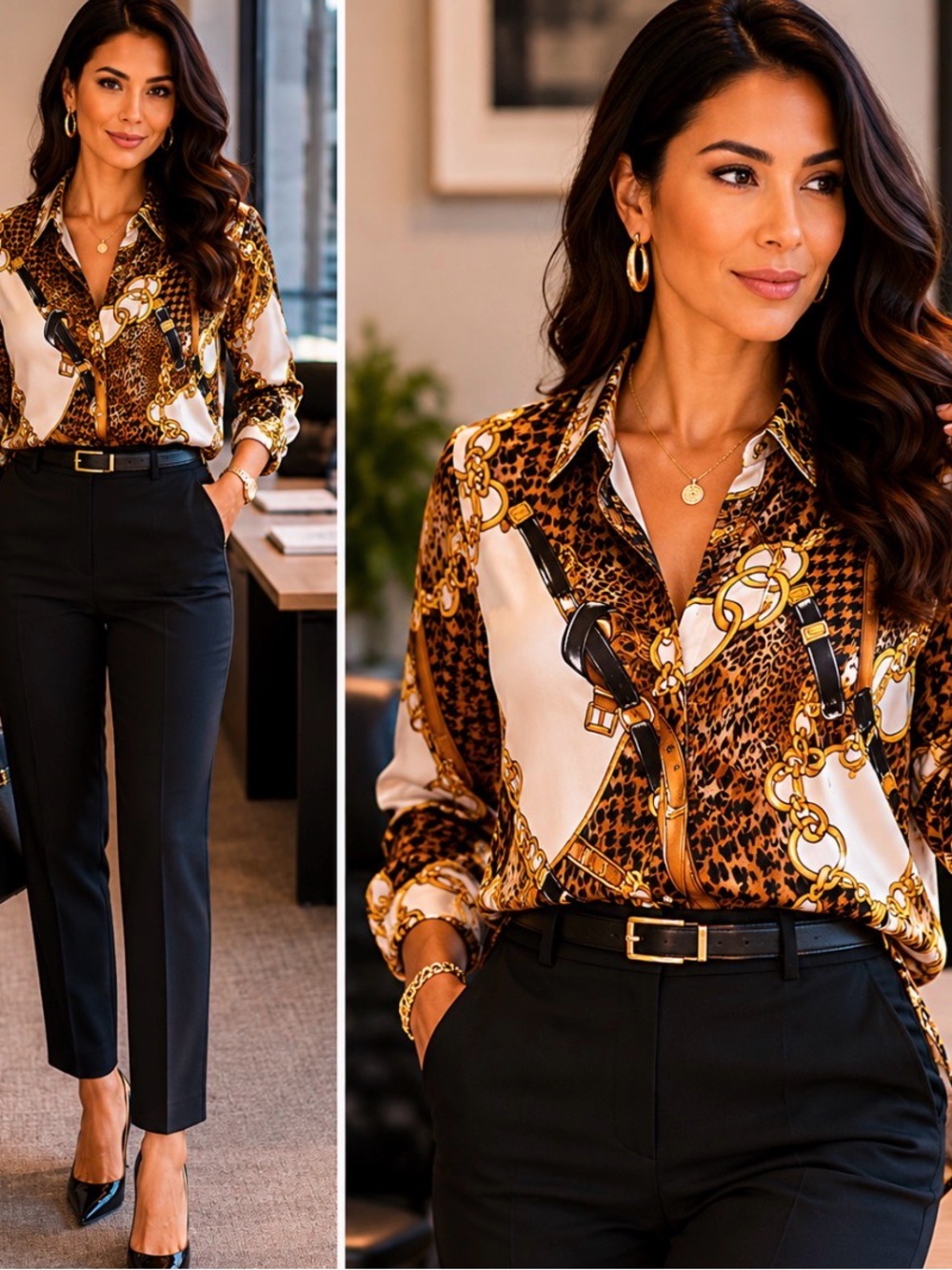 Diane Gilman 100% Silk Chain Leopard Print Button Blouse Size Large
